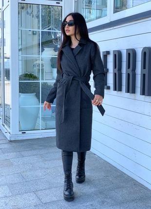 Пальто міді довге стильне чорне бежеве сіре з поясом люкс якість кашемірове двобортне з кишенями тепле прямого крою7 фото