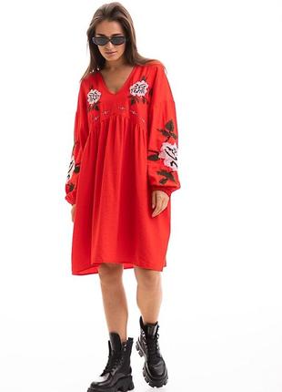 Платье-вышиванка oversize красная с цветами крестиком3 фото