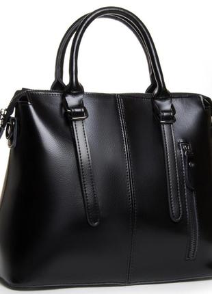 Жіноча шкіряна чорна сумка з короткими ручками через плече / жіноча шкіряна сумка чорна