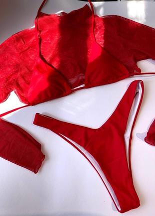 ✨купальник 3 в 1: лиф бикини, трусики бразильянки и топ с рукавом из сетки в красном цвете✨8 фото