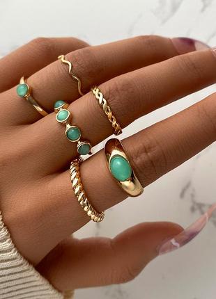 Набор колец модние стильные трендовые кольца колечка в стиле бохо винтажние кольца с зеленим камнем ретро