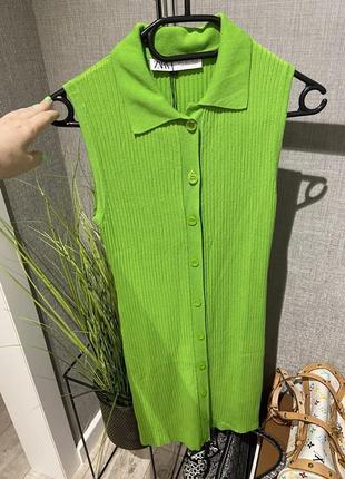 Шикарное трикотажное зелёное салатовое яркое платье мини zara5 фото