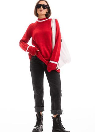 Женский вязаный свитер oversize с рукавами-регланами темно-красный5 фото