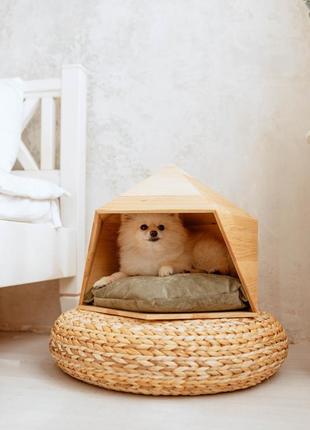 Будинок-лежанка дизайнерська для кота, собаки з натурального дерева cave 45х45х40 ясен 003-13 фото