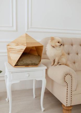 Будинок-лежанка дизайнерська для кота, собаки з натурального дерева cave 45х45х40 ясен 003-14 фото