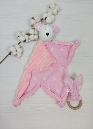 Іграшка комфортер ведмежа та еко гризунок шарудливі вушка зірки білі на рожевому