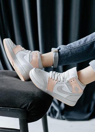 Женские высокие кожаные кроссовки nike air jordan 1 high grey/orange#найк