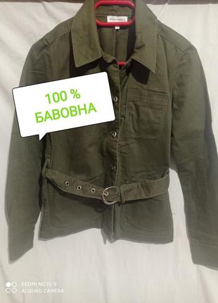 Хлопковая джинсовая плотная удлиненная куртка зелёная хаки без подкладки хлопок милитари1 фото