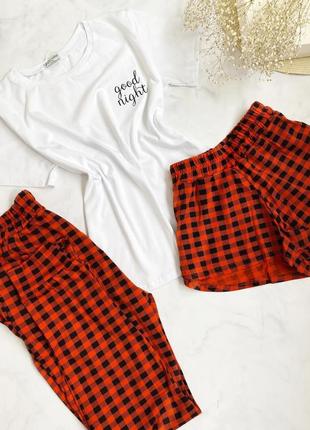 Жіноча піжама трійка бавовна. піжамка футболка, штани та шорти, домашній комплект8 фото