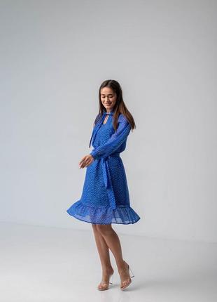 Синие шифоновое платье миди с длинным рукавом3 фото