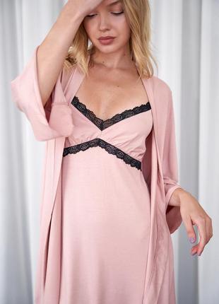 К88-66 рожевий віскозний комплект домашнього одягу халат і сорочка1 фото