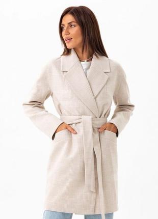 Пальто женское  демисезонное оверсайз, шерстяное, бежевое, в клетку, средней длины, деми, осеннее3 фото