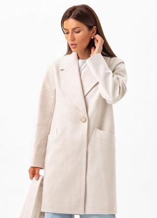 Пальто женское  демисезонное оверсайз, шерстяное, бежевое, в клетку, средней длины, деми, осеннее5 фото