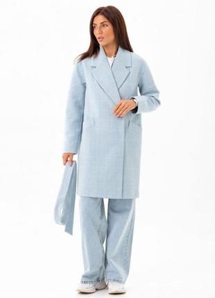 Пальто женское  демисезонное оверсайз, шерстяное, голубое, в клетку, средней длины, деми, осеннее, весеннее, бренд2 фото