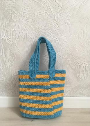 Трендова якісна в’язана сумка хендмейд стильна сумочка жовто-синя2 фото