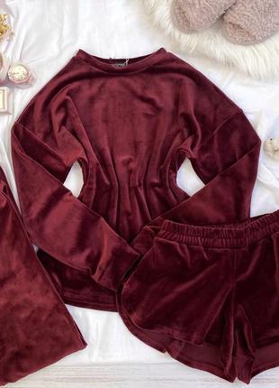 Плюшева піжама трійка, м'яка піжамка кофта, штани, шорти, домашній комплект