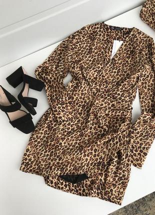 Zara 🐆сукня леопардова міні з довгим рукавом атласна