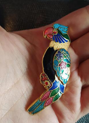 Вінтажнп брошка папужка  в техніціі клуазоне