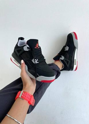 Жіночі шкіряні кросівки nike air jordan 4 retro "black /red. чорні з червоним та сірим.1 фото