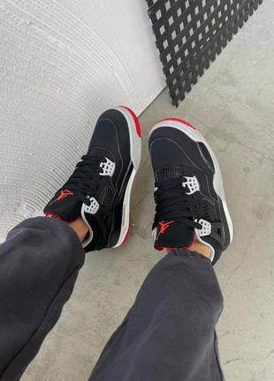 Жіночі шкіряні кросівки nike air jordan 4 retro "black /red. чорні з червоним та сірим.2 фото