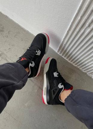 Жіночі шкіряні кросівки nike air jordan 4 retro "black /red. чорні з червоним та сірим.8 фото