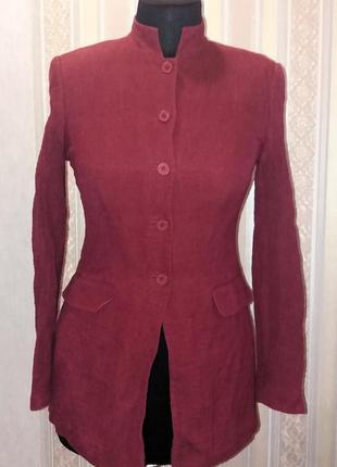 Стильный удлененный жакет, пиджак, блейзер, лен, темно красный меланж