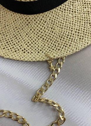 Літній плетінь капелюх федора з ланцюгом та декором бежевий (декор золото або срібло)2 фото