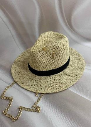 Літній плетінь капелюх федора з ланцюгом та декором бежевий (декор золото або срібло)3 фото