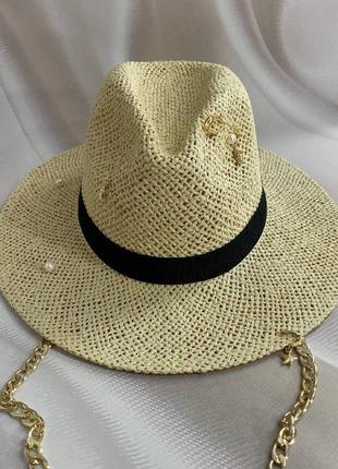 Літній плетінь капелюх федора з ланцюгом та декором бежевий (декор золото або срібло)5 фото