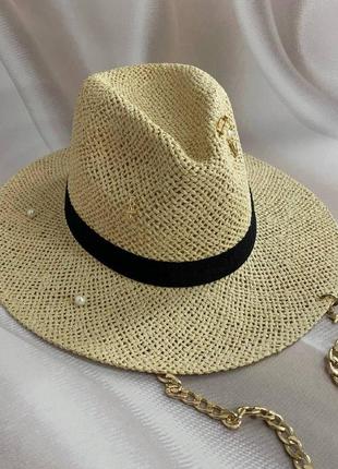 Літній плетінь капелюх федора з ланцюгом та декором бежевий (декор золото або срібло)8 фото