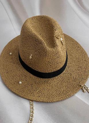 Літній плетінь капелюх федора з ланцюгом та декором кавовий (декор золото або срібло)7 фото
