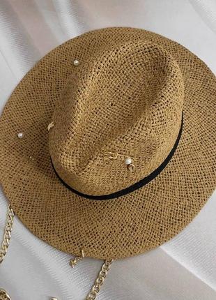Літній плетінь капелюх федора з ланцюгом та декором кавовий (декор золото або срібло)6 фото
