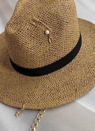 Літній плетінь капелюх федора з ланцюгом та декором кавовий (декор золото або срібло)8 фото