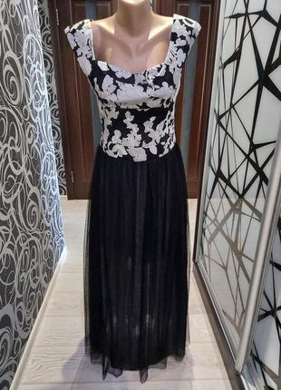 Вечернее платье в пол vera wang с фатиновой юбкой и кружевным верхом черно-белое 44-469 фото