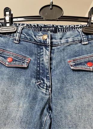 Ministars джинсы синие на резинке в поясе с вышивкой красные цветы бабочка на девочку 7-9-10 лет3 фото