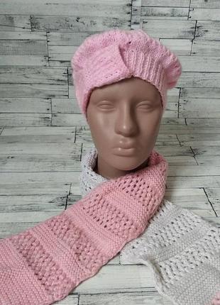 Набор шапка берет и шарф для девочки розовый размер 51-53 (4-6 лет)4 фото