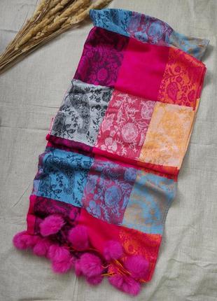 Оргигинальний яркий кашемировый шарф паланин з помпонами6 фото