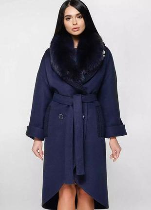 Жіноче зимове вовняне пальто з хутряним коміром3 фото