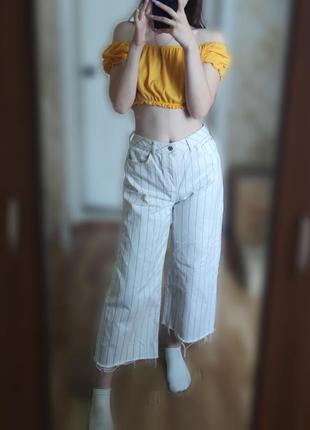 Белые широкие джинсы в полоску, кюлоты4 фото
