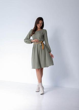 Оливковое женское модное платье для осени с длинными широкими рукавами и пышной юбкой 44 по 522 фото