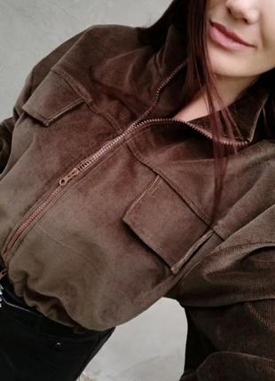 Куртка вельветова темний хакі. жіноча коротка куртка2 фото