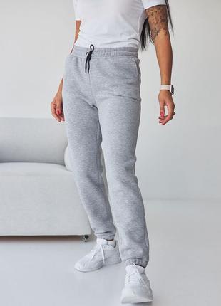 Штани жіночі спортивні теплі на флісі, турецька трехнить 90% бавовна, сірий темний меланж, батал