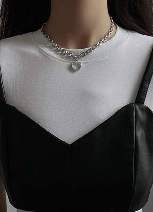 Чокер підвіска ланцюг ланцюжок сріблястий короткий під срібло серце серденько
