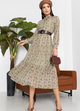 Платье мариэтта д/р. цвет: хаки- сиреневые цветы