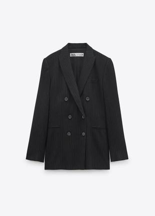 Чёрный пиджак из смесовый шерсти в мелкую белую полоску с пуговицами из шерстяной ткани из новой коллекции zara размер l3 фото