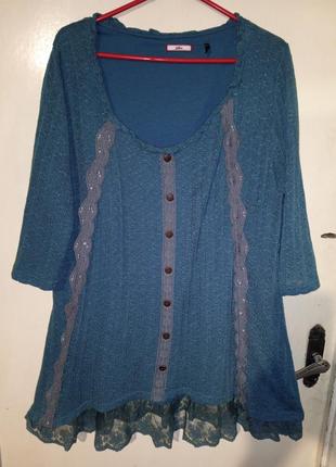 Женственная,трикотажная блузка-туника-трапеция с кружевами,бохо,батал,joe browns1 фото