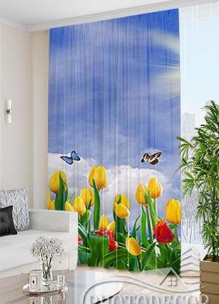 Фото штора "тюльпани з метеликами" висота - 3,26м, ширина - 1,24м, тасьма