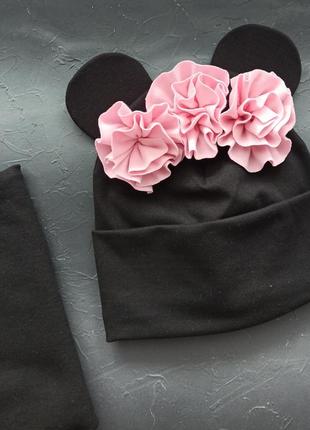 Шапка "mini mouse"з квітами,шапочка з вушками, шапка ,шапочка1 фото