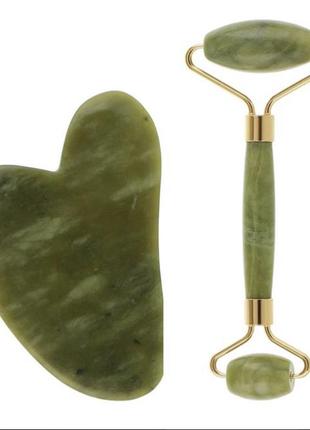 Нефритовий масажний ролик, скребок гуаша набір масажер для обличчя