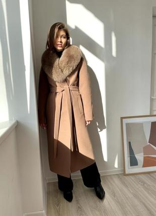 Зимове жіноче кашемірове брендове довге пальто з хутром песця
